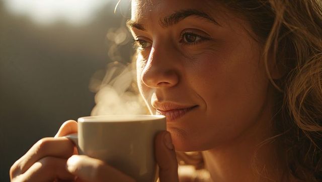 Golden morning calm: woman sipping steaming coffee cup on backlit porch with warm bokeh
