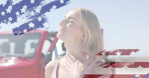 Joyful Patriotism American Woman at Beach under USA Flag