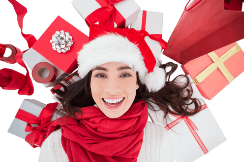 Festive Woman with Santa Hat Surrounded by Christmas Gifts on Transparent Background