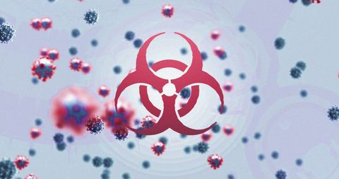 Biohazard Symbol with Covid-19 Virus Cells on Grey Background - Download Free Stock Images Pikwizard.com