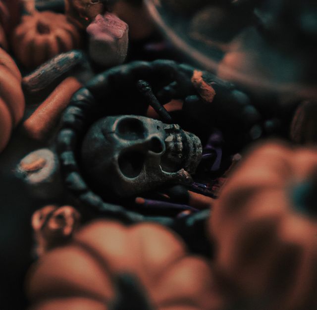 Image of close up of halloween decoration with skull and pumpkins. Halloween festivity, celebration, culture and tradition concept.