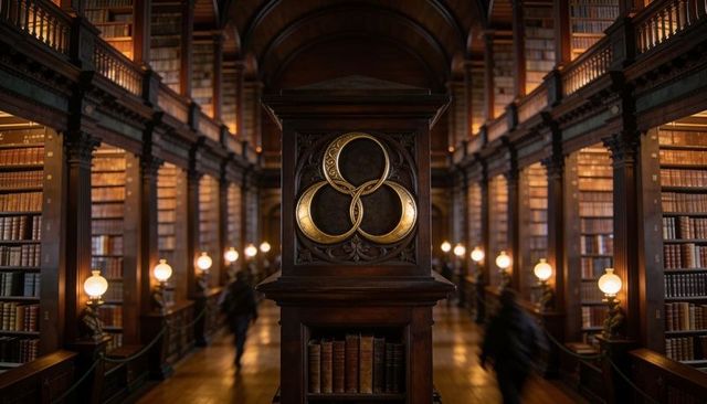 Ornate lectern with linked gilt rings in grand historic library, blurred visitors moving