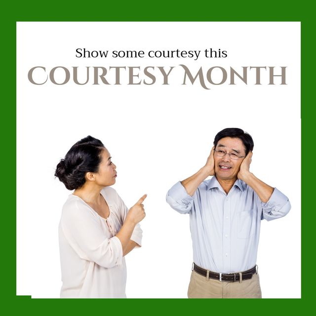 Digital image of unhappy mature asian couple with show some courtesy this courtesy month text. Copy space, digital composite, celebration, courtesy month, being kind and courteous concept.