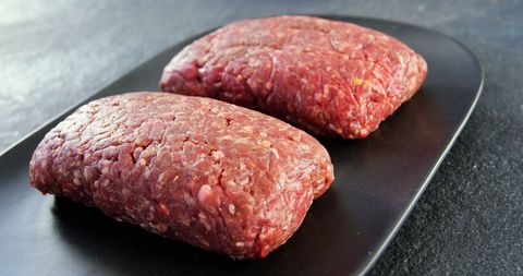 Fresh Raw Ground Beef Patties on Black Plate for Cooking