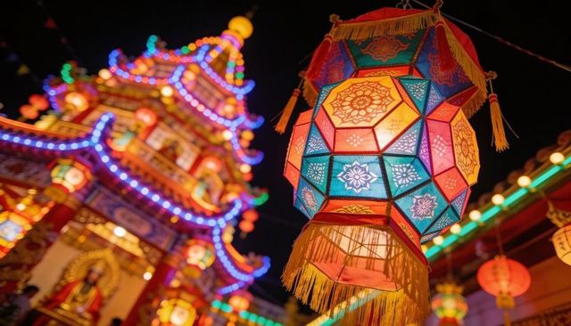 Vibrant chinese lantern festival at night with geometric lantern and illuminated pagoda