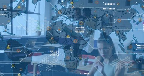 Collaborating on global data with augmented world map hud overlay in modern office