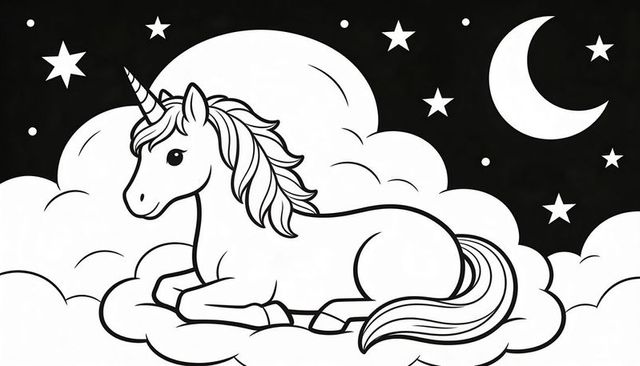 Reclining unicorn on fluffy clouds under crescent moon black and white line art coloring