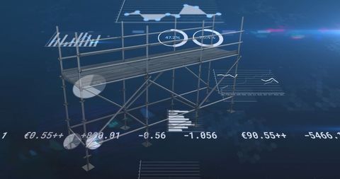 Scaffolding overlay with financial data and statistics graphics