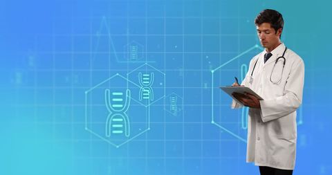 Male Doctor Analyzing Medical Data on Blue Digital Interface - Download Free Stock Images Pikwizard.com