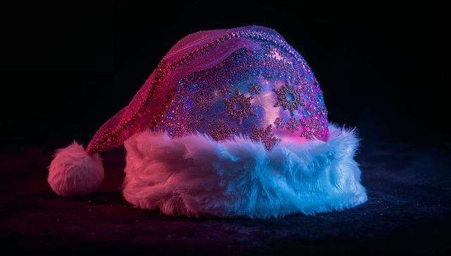 Sequined Santa Hat with Faux-Fur Brim Glowing Magenta Cyan Holiday Glam and Neon Sparkle