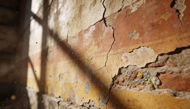 Cracked painted plaster revealing exposed brick and window shadow on weathered wall detail