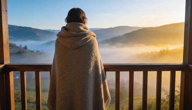 Woman wrapped in wool blanket watching misty mountain sunrise from wooden balcony