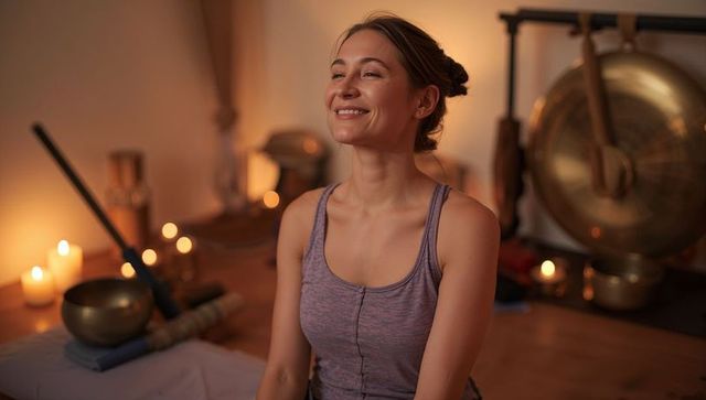 Smiling woman holding mallet playing singing bowls and gong in warm candlelit studio