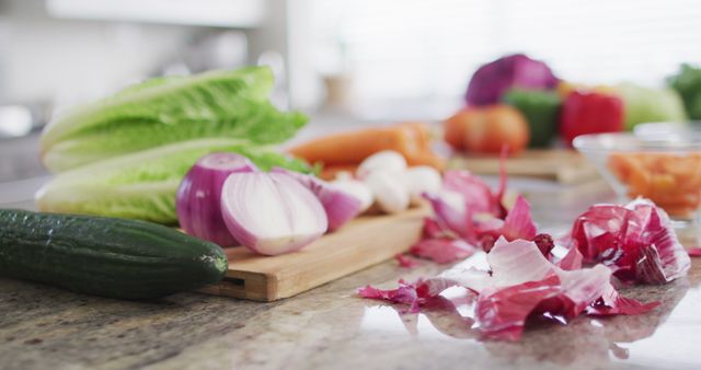 Image of vegetables lying on cutting board prepared for cooking. Lifestyle, food, cooking and preparing meal concept.