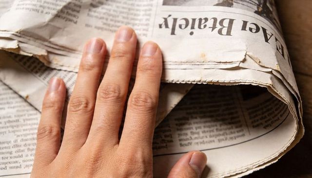 Left hand pressing folded newspaper revealing rolled pages close-up on wooden tabletop