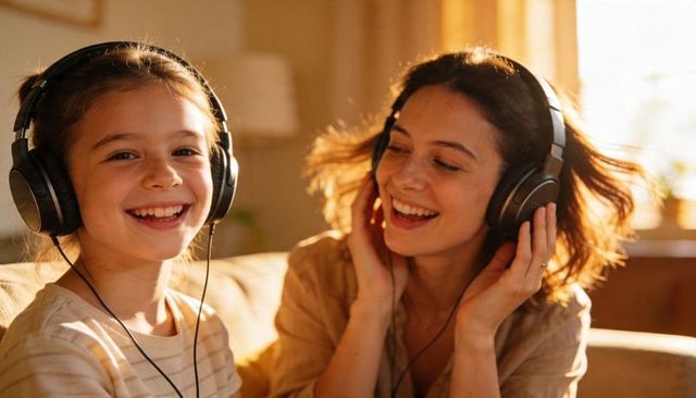 Sunlit mother and daughter sharing headphones, laughing on couch, cozy family bonding