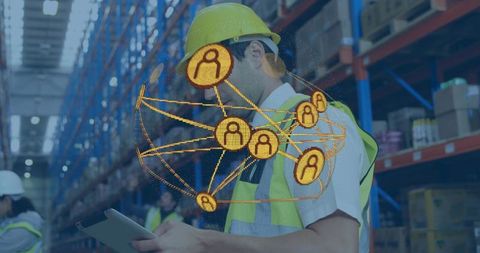 Warehouse worker scanning inventory with tablet and neon network icons connecting teams