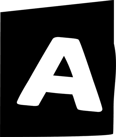 Stylized letter 'a' in transparent black square for branding