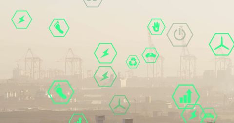 Green Energy Icons Overlay Industrial Port Background - Download Free Stock Images Pikwizard.com