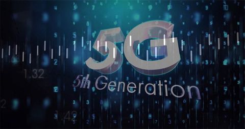 Glowing 3d 5g logo hovering over futuristic data stream with cascading digits and teal neon