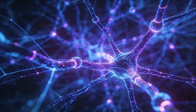 Radiating neuron network sending electric signals through glowing synapses and axons