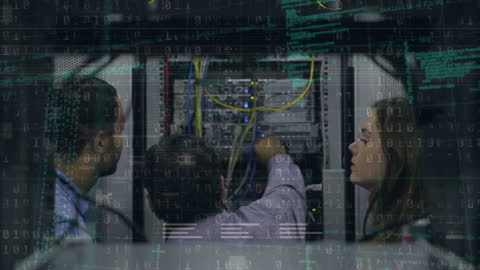 Diverse Team Working in a High-Tech Server Room with Data Overlay