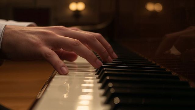 Intimate closeup adult hand playing piano keyboard with warm glow and wood reflections