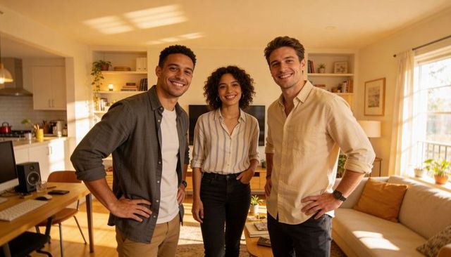 Smiling young professionals standing in sunlit apartment living room for startup teamwork