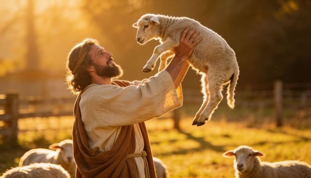 Bearded shepherd lifting lamb aloft at golden hour on pastoral countryside farm