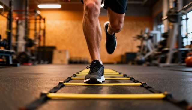 Athlete performing agility ladder drill in gym, rapid footwork and speed training