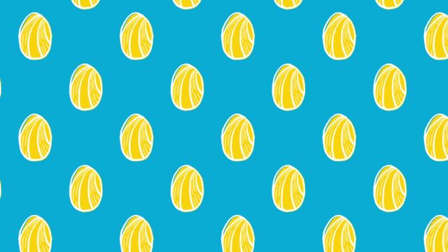 This bright and festive seamless animation features rows of yellow patterned Easter eggs against a blue background. Ideal for use in seasonal marketing materials, website backgrounds, greeting cards, or digital decorations celebrating Easter.