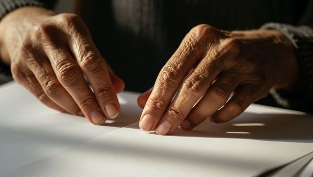 Pressing senior hands over white paper under warm light, closeup of wrinkles and veins