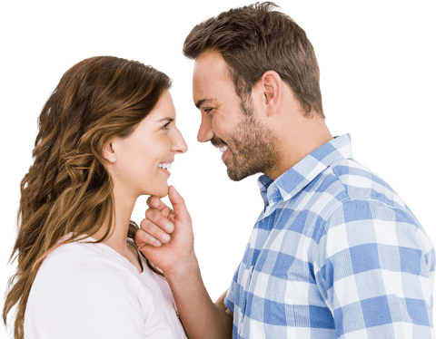 Happy couple smiling at each other on transparent background