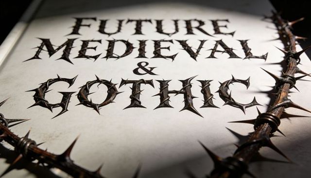 Future medieval & gothic thorn typography on aged paper with barbed crown detail