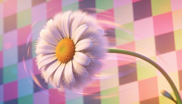 Spinning fuzzy daisy with pastel checkerboard background and motion rings