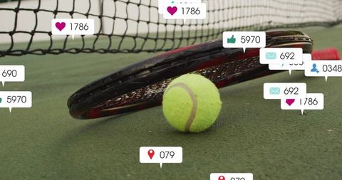 Tennis racket and ball resting on court with floating social media notification icons