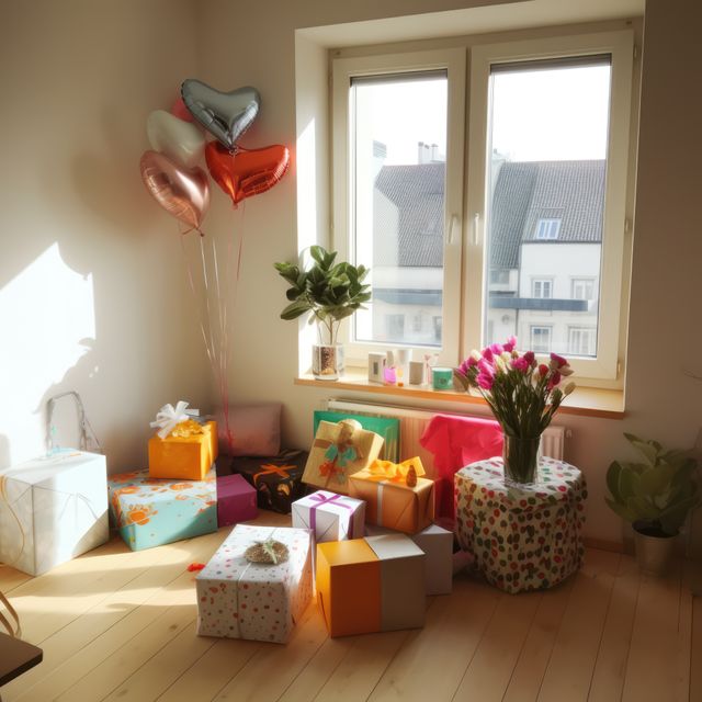 This stock photo showcases a room filled with various colorful gift boxes and festive balloons. The sunlight streaming through the window creates a bright and cheerful atmosphere. This image is perfect for promotional materials related to celebrations, gift-giving occasions, party invitations, or festive decorations ideas.