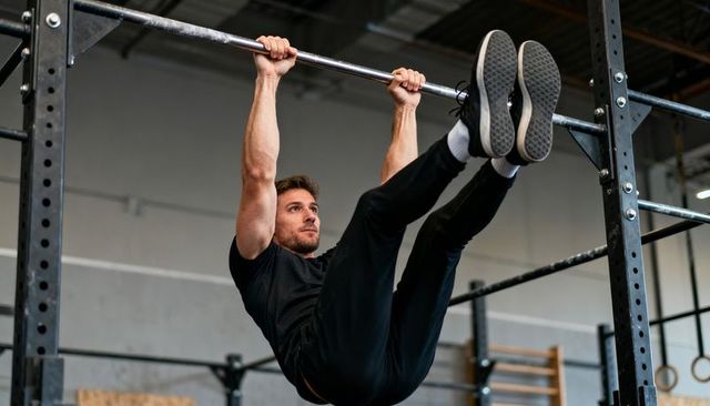 Athlete Performing Hanging Leg Raises on Pull-Up Bar in Industrial Gym for Core Strength