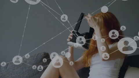 Woman Engaging with Virtual Reality Tech & Social Connections Visualization