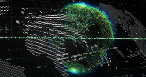 Rotating holographic globe with rgb glitch halo, halftone world map and futuristic data hud