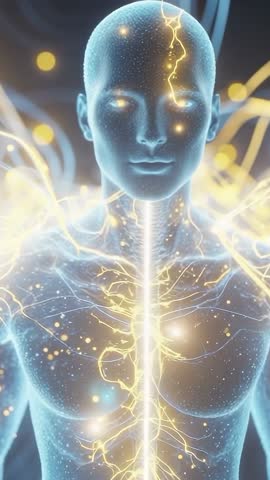 Glowing humanoid pulsing neural filaments with bioluminescent arcs vertical loop