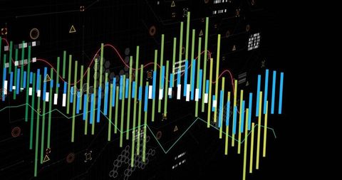 Colorful Data Visualization and Analytics Interface on Dark Grid
