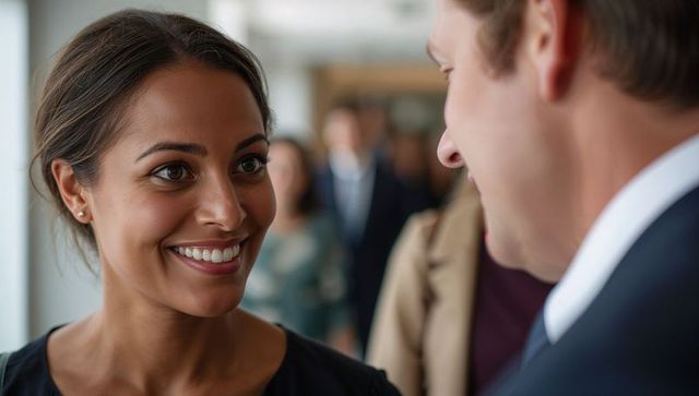 Smiling professional woman engaging in conversation with colleague at networking event