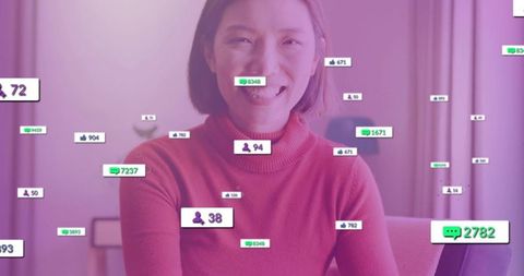 Chinese woman smiling while social engagement badges float showing follower and comment growth