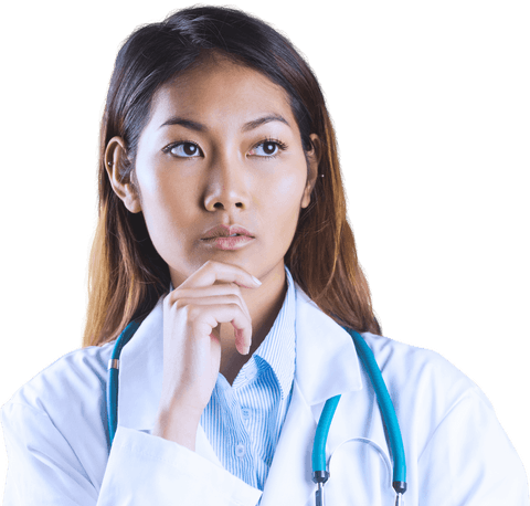 Pensive Asian Female Doctor on Transparent Background
