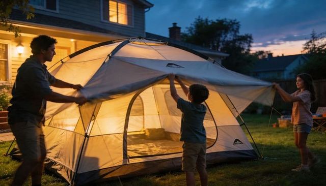 Family pitching illuminated backyard dome tent at dusk with kids lantern glow camping