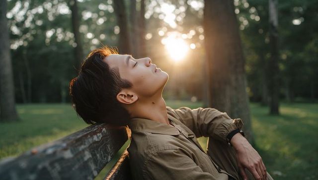 Young man relaxing on wooden park bench at golden hour, serene contemplation outdoors