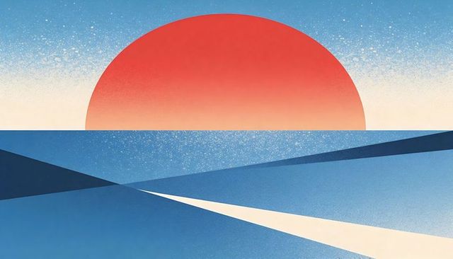 Minimalist geometric seascape with oversized red sun and layered blue planes