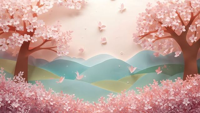 Pastel sakura papercut landscape featuring cherry blossom trees framing rolling hills