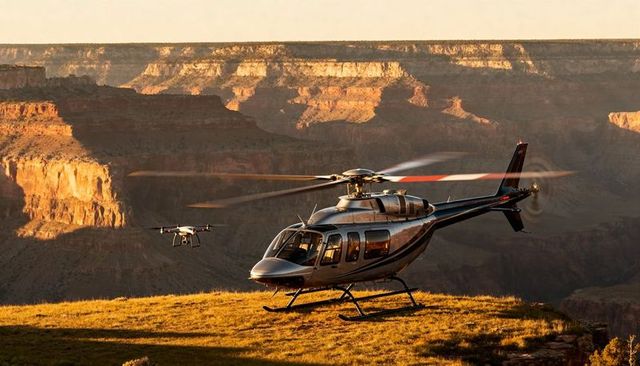 Luxury helicopter landing on canyon rim with hovering drone at golden sunset